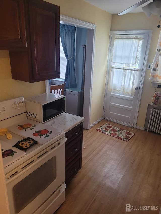 kitchen featuring light wood-style floors, ceiling fan, a wealth of natural light, and white appliances