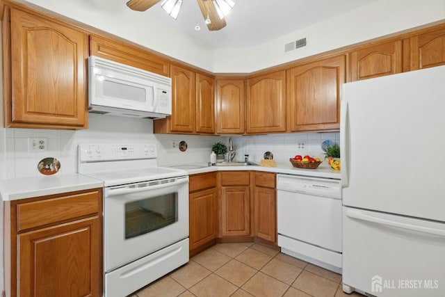 7 Tisbury Ct, Scotch Plains, NJ 07076 - kitchen with white appliances, decorative backsplash, a ceiling fan, and light tile patterned floors