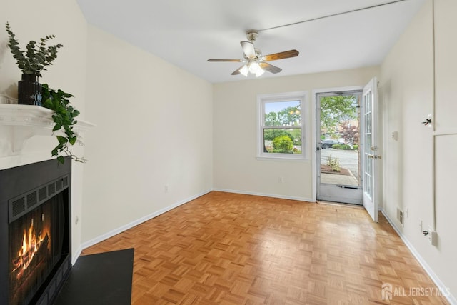 7 Tisbury Ct, Scotch Plains, NJ 07076 - unfurnished living room with a fireplace with flush hearth and ceiling fan