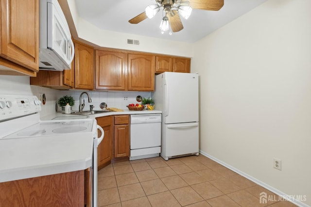 7 Tisbury Ct, Scotch Plains, NJ 07076 - kitchen featuring white appliances, light countertops, tasteful backsplash, ceiling fan, and brown cabinetry