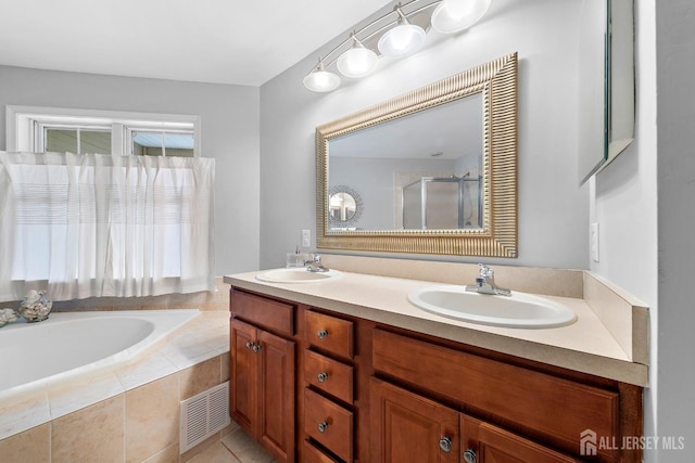 19 S Shore Dr, South Amboy, NJ 08879 - bathroom with a stall shower, a garden tub, double vanity, and tile patterned flooring