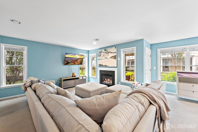 19 S Shore Dr, South Amboy, NJ 08879 - living area featuring carpet, a glass covered fireplace, baseboards, and recessed lighting