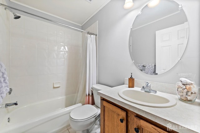 19 S Shore Dr, South Amboy, NJ 08879 - bathroom featuring ornamental molding, toilet, shower / bathtub combination with curtain, and vanity