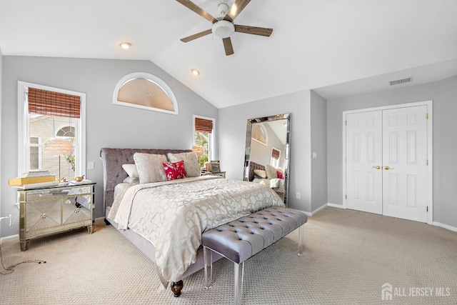 19 S Shore Dr, South Amboy, NJ 08879 - bedroom featuring vaulted ceiling, light colored carpet, baseboards, and a ceiling fan