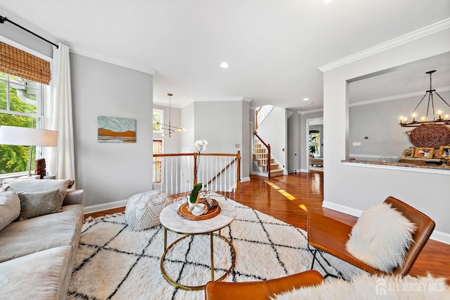 19 S Shore Dr, South Amboy, NJ 08879 - living room featuring a chandelier, wood finished floors, crown molding, baseboards, and recessed lighting