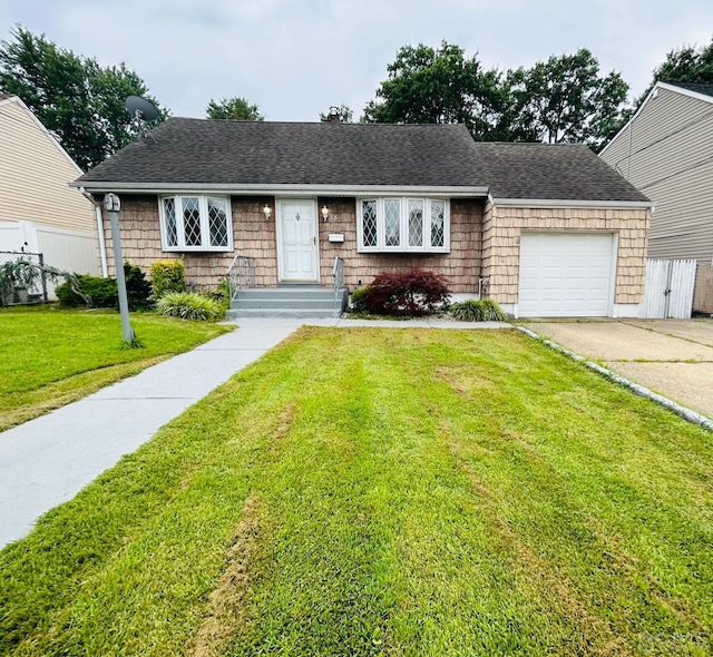 ranch-style home with a front lawn, driveway, a shingled roof, and an attached garage