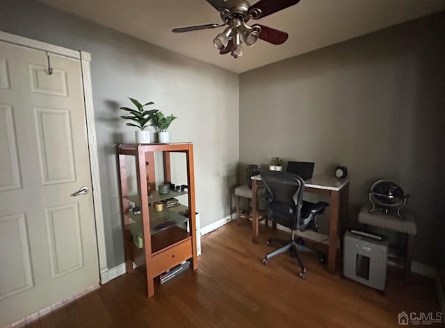 home office featuring dark hardwood / wood-style floors and ceiling fan