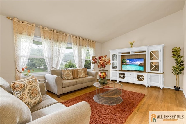 living room with vaulted ceiling and wood finished floors