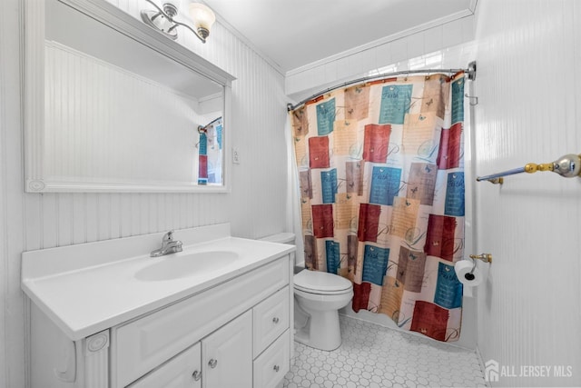 bathroom featuring toilet, curtained shower, tile patterned floors, and vanity