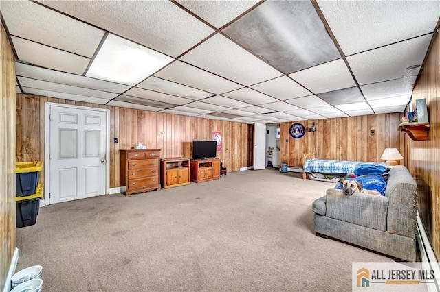 146 Arlington Dr, Fords, NJ 08863 - living room with wooden walls, carpet, and a paneled ceiling