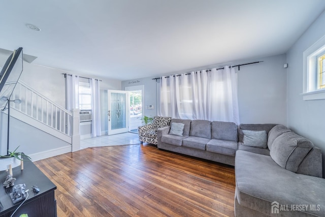 292 Morton Ave, Rahway, NJ 07065 - living room featuring stairs, wood finished floors, and baseboards