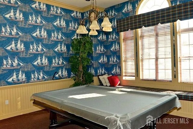 116 Prusakowski Blvd, Sayreville, NJ 08859 - playroom with carpet floors, wallpapered walls, billiards, and a wainscoted wall