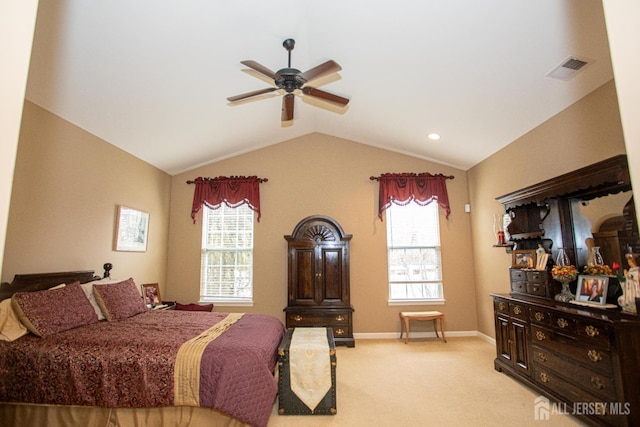 116 Prusakowski Blvd, Sayreville, NJ 08859 - bedroom with light colored carpet, a ceiling fan, baseboards, lofted ceiling, and visible vents