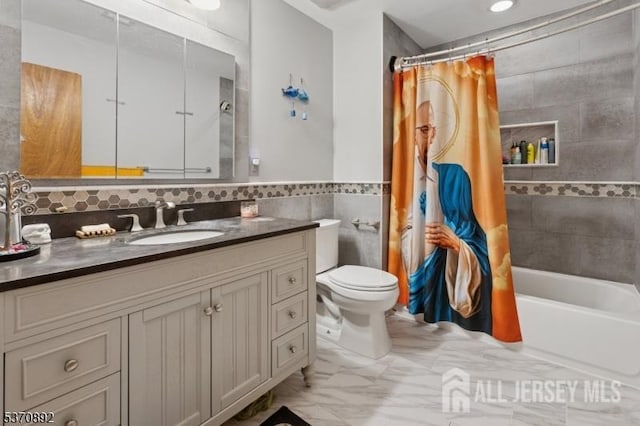 101 Pergola Ave, Monroe, NJ 08831 - bathroom with tile walls, vanity, shower / tub combo, and marble finish floors