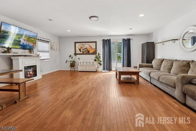 101 Pergola Ave, Monroe, NJ 08831 - living area with light wood-style floors, a glass covered fireplace, and recessed lighting