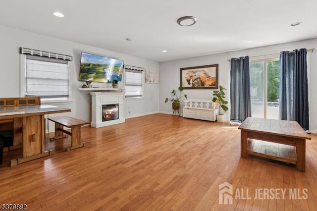 101 Pergola Ave, Monroe, NJ 08831 - living area with wood-type flooring, a glass covered fireplace, and recessed lighting