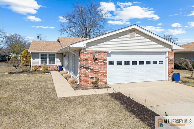 single story home featuring brick siding, concrete driveway, a garage, and a shingled roof