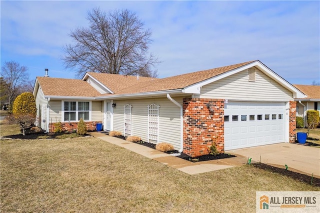 ranch-style home featuring concrete driveway, a front yard, a shingled roof, a garage, and brick siding