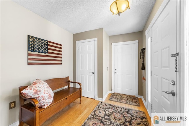 entryway featuring baseboards, a textured ceiling, and light wood-style floors