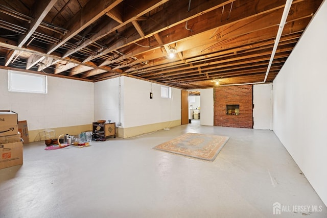basement featuring a fireplace