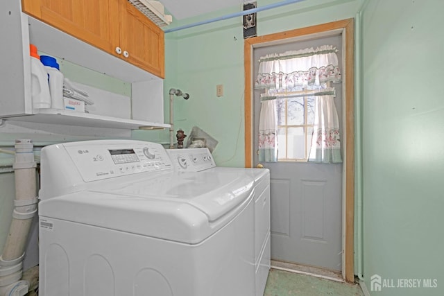 laundry area with cabinets and washing machine and clothes dryer