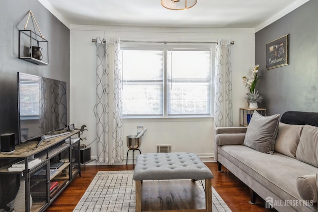 1 Hollywood Dr, Woodbridge Proper, NJ 07095 - living room with dark wood-type flooring and crown molding
