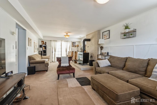 1 Hollywood Dr, Woodbridge Proper, NJ 07095 - living room with a wood stove and carpet flooring