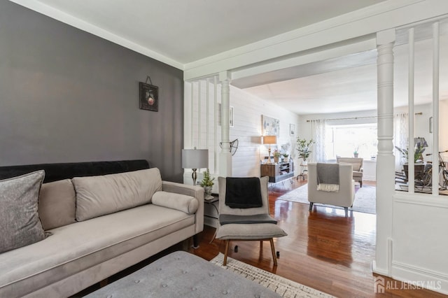 1 Hollywood Dr, Woodbridge Proper, NJ 07095 - living room featuring wood finished floors and ornate columns