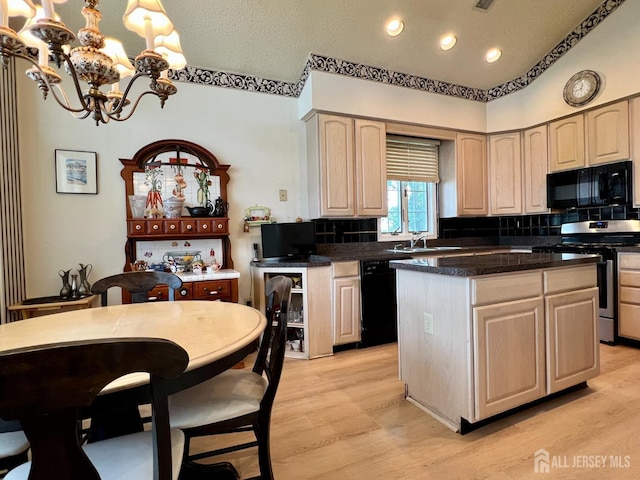 1 Walter Way, Monroe, NJ 08831 - kitchen with black appliances, tasteful backsplash, a chandelier, light wood-type flooring, and recessed lighting