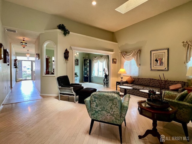1 Walter Way, Monroe, NJ 08831 - living area with plenty of natural light, wood finished floors, arched walkways, and a skylight