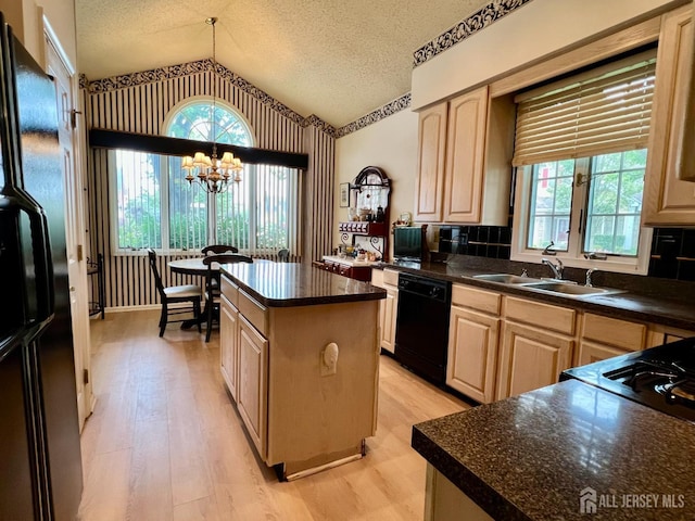1 Walter Way, Monroe, NJ 08831 - kitchen with black dishwasher, refrigerator with ice dispenser, lofted ceiling, light brown cabinetry, and dark countertops