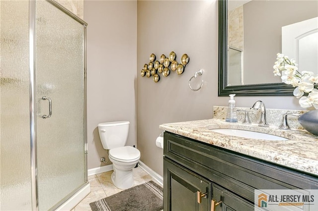 bathroom featuring tile patterned flooring, baseboards, toilet, a stall shower, and vanity