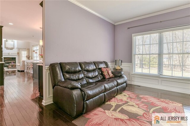 living area with a fireplace, ornamental molding, dark wood-type flooring, wainscoting, and a decorative wall