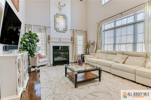 living room featuring a glass covered fireplace, wood finished floors, and a towering ceiling