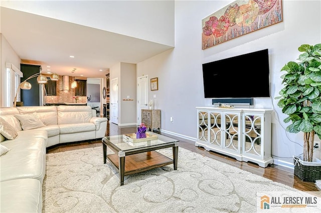 living area featuring recessed lighting, baseboards, and wood finished floors