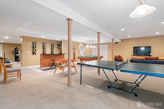 1 Mayfair Ln, Byram, NJ 07821 - game room with billiards, baseboards, light carpet, and recessed lighting