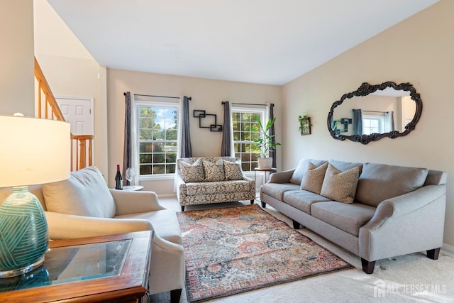 1 Mayfair Ln, Byram, NJ 07821 - living area featuring stairway, carpet floors, and baseboards