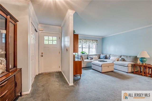 33 Larchmont Rd, Edison, NJ 08837 - foyer entrance with dark carpet, ornamental molding, healthy amount of natural light, and baseboards