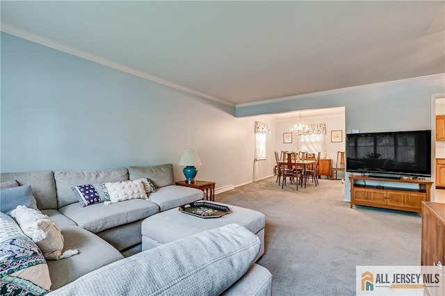 33 Larchmont Rd, Edison, NJ 08837 - living area with a chandelier, crown molding, light carpet, and baseboards