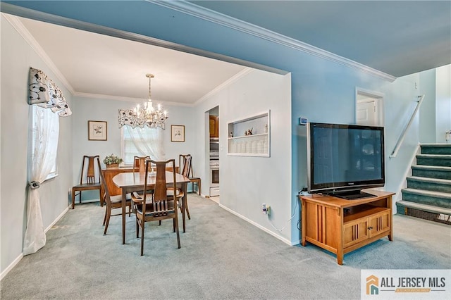 33 Larchmont Rd, Edison, NJ 08837 - carpeted dining space featuring a chandelier, stairs, ornamental molding, and baseboards