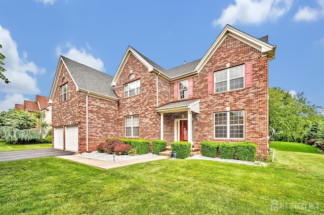 27 Rue Chagall, Franklin, NJ 08873 - traditional home with an attached garage, driveway, brick siding, a front lawn, and roof with shingles
