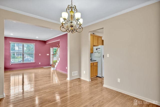 27 Rue Chagall, Franklin, NJ 08873 - empty room featuring crown molding, a chandelier, light wood-type flooring, stairs, and recessed lighting