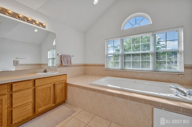 27 Rue Chagall, Franklin, NJ 08873 - bathroom with tile patterned floors, vanity, a bath, and high vaulted ceiling
