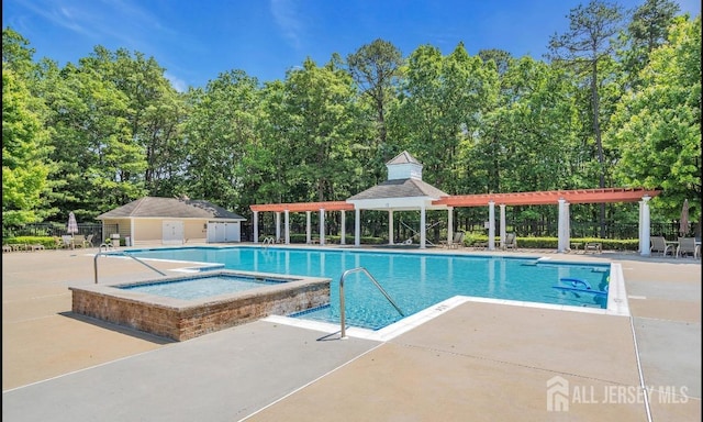 view of pool featuring a gazebo, a hot tub, a pergola, and a patio