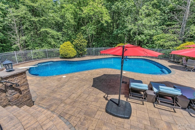 view of swimming pool with a fenced in pool, a patio area, and a fenced backyard