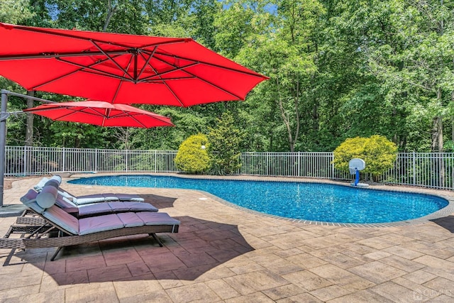 view of swimming pool with a fenced in pool, a fenced backyard, and a patio