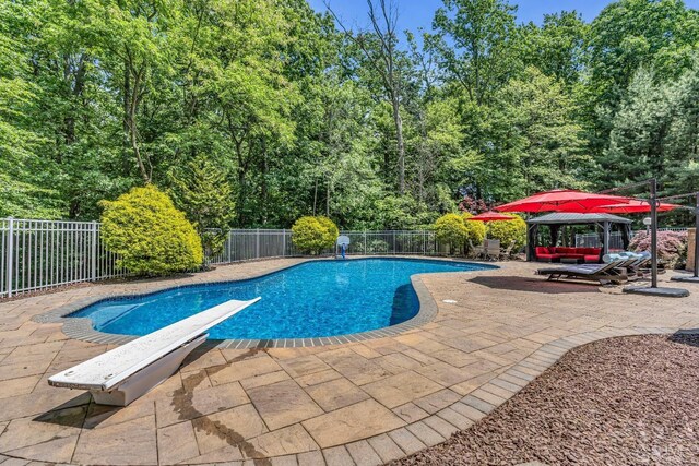 view of swimming pool with outdoor lounge area, a patio, and a diving board