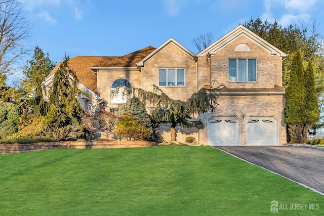 24 Bartram Rd, Englishtown, NJ 07726 - traditional home featuring brick siding, an attached garage, asphalt driveway, and a front lawn