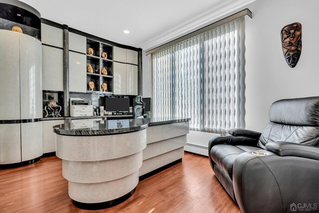 office space with baseboard heating, wood-type flooring, and ornamental molding