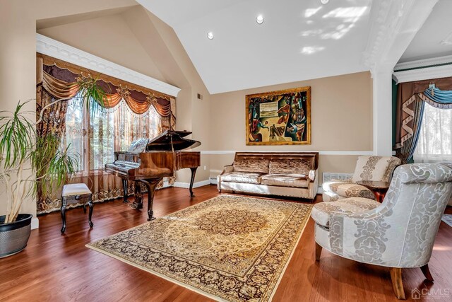 living room featuring wood-type flooring, vaulted ceiling, and a wealth of natural light